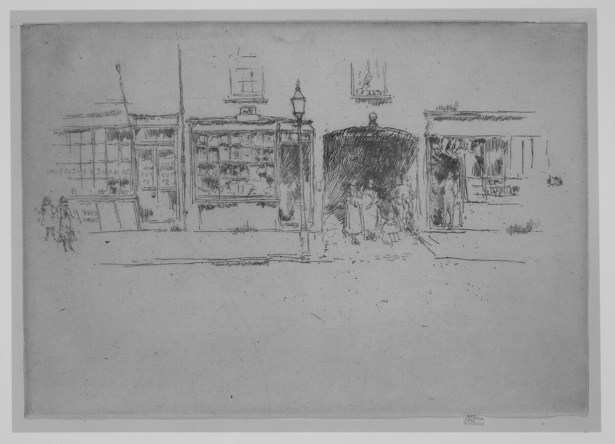 The Barber's (The Barber's Shop, Chelsea), James McNeill Whistler (American, Lowell, Massachusetts 1834–1903 London), Etching and drypoint, printed in black ink on ivory laid paper; first state of two (Glasgow)
