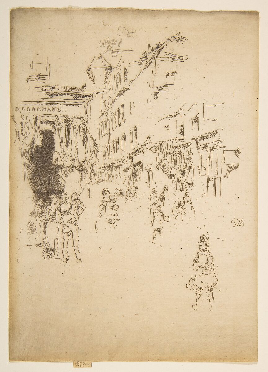 Cutler Street, Houndsditch, James McNeill Whistler (American, Lowell, Massachusetts 1834–1903 London), Etching, printed in dark brown ink on ivory laid paper; first state of two (Glasgow) 