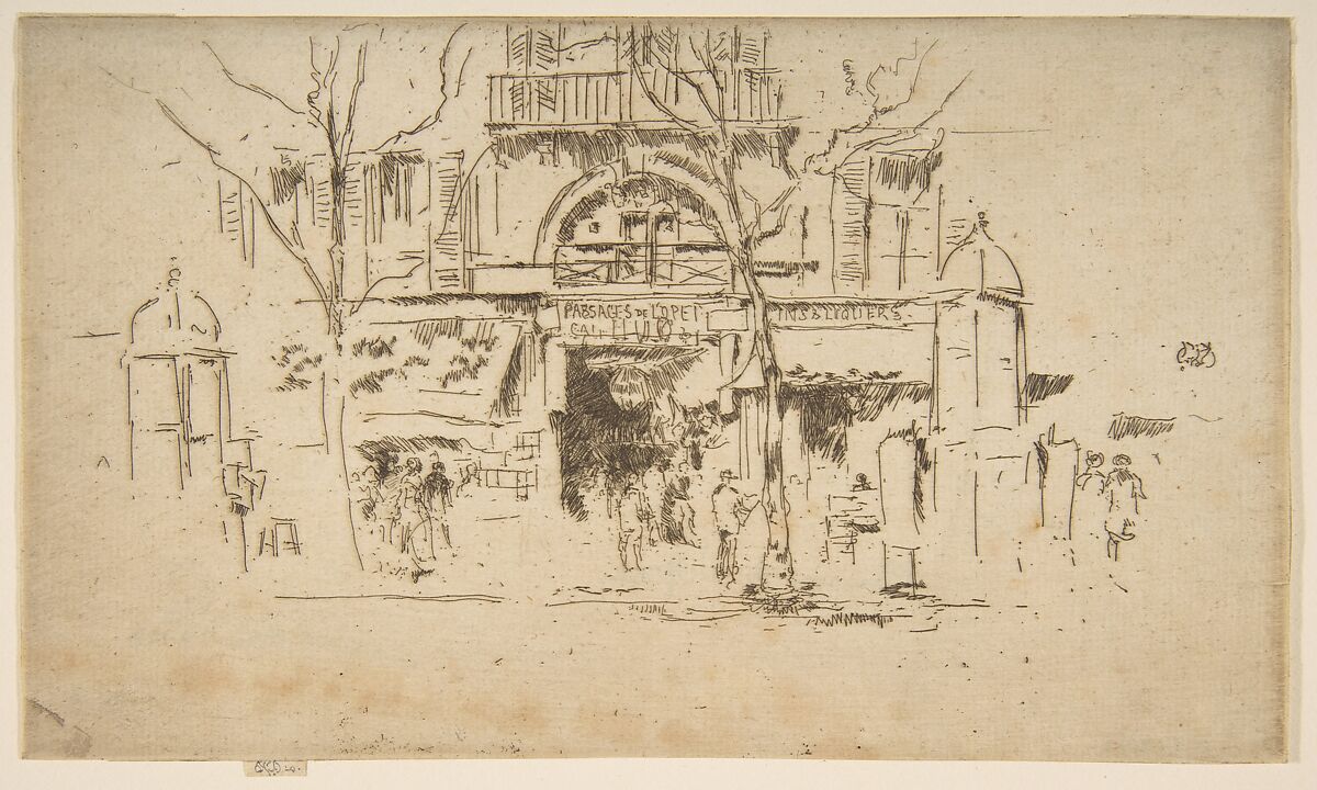 Passages de l'Opéra, James McNeill Whistler (American, Lowell, Massachusetts 1834–1903 London), Etching and drypoint, printed in dark brownish-black ink on medium weight ivory laid paper; only state (Glasgow) 