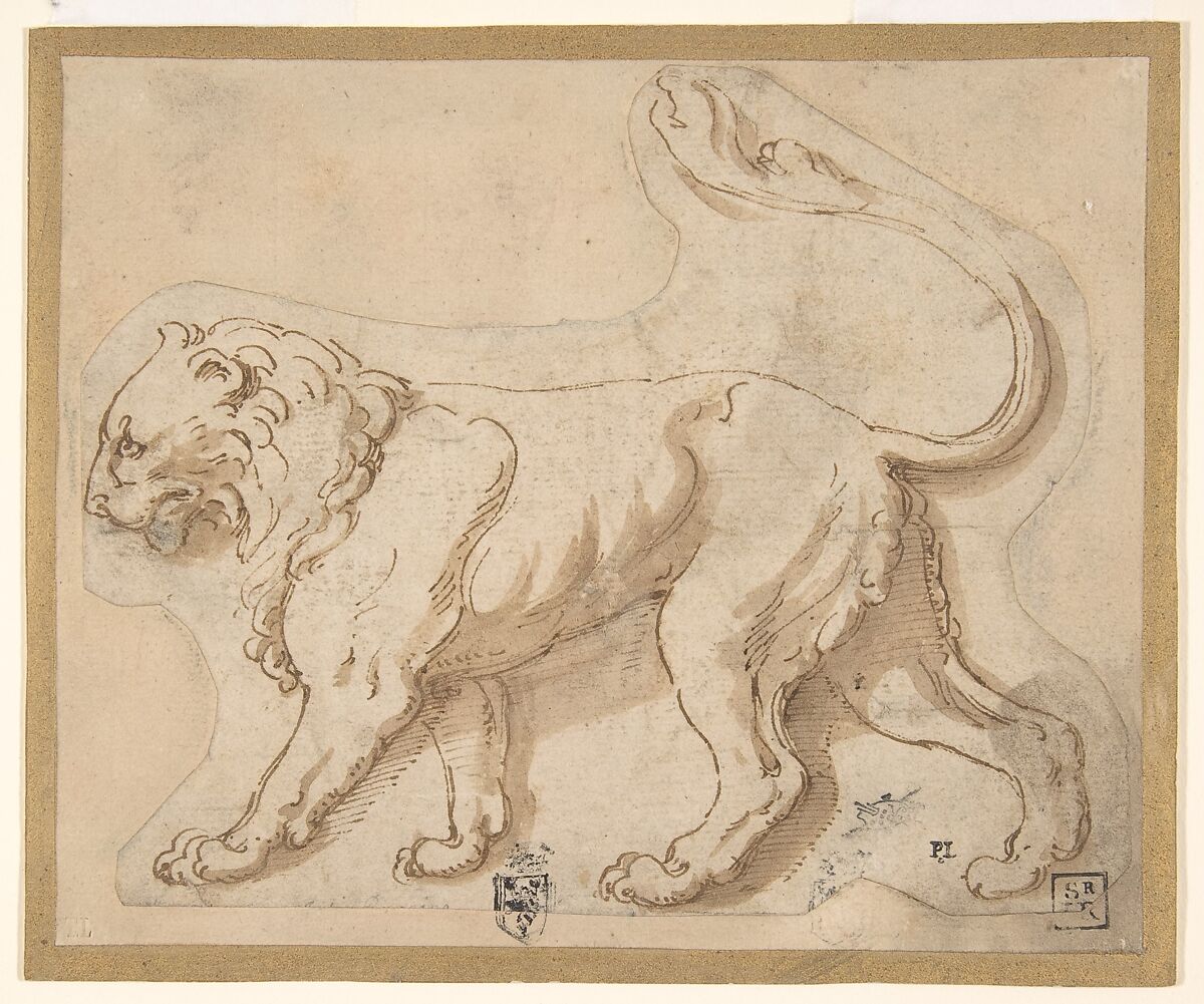 A Lion in Profile Facing to the Left ("Leo"), Giulio Romano (Italian, Rome 1499?–1546 Mantua), Pen and brown ink, brush and brown wash, over black chalk 