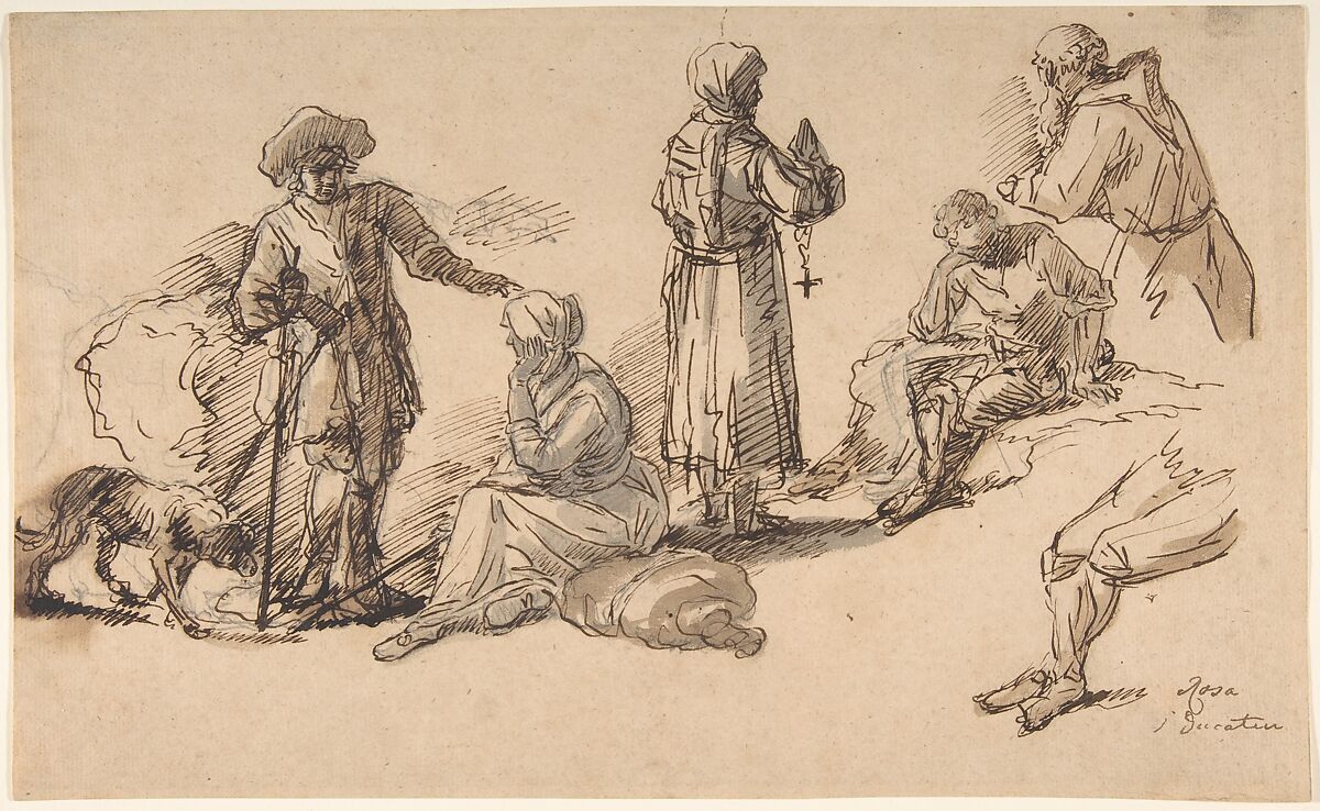 Studies for Standing and Seated Figures, Salvator Rosa (Italian, Arenella (Naples) 1615–1673 Rome), Pen and brown ink, brush and gray and brown wash, over leadpoint or graphite 