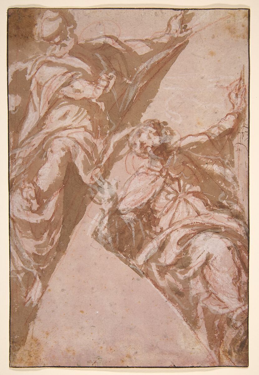 Two Seated Male Figures Within Spandrels, Andrea Schiavone (Andrea Meldola) (Italian, Zadar (Zara) ca. 1510?–1563 Venice), Pen and brown ink, brush and brown wash, highlighted with white gouache, reworked with red chalk, on paper washed pale mauve 