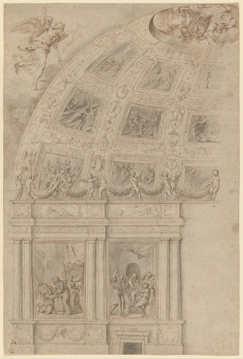 Design for the Decoration of the Semi-Dome of a Church Apse, Workshop of Battista Franco (Italian, Venice ca. 1510–1561 Venice), Pen and brown ink, brush and gray wash, over black chalk and ruling in black chalk 