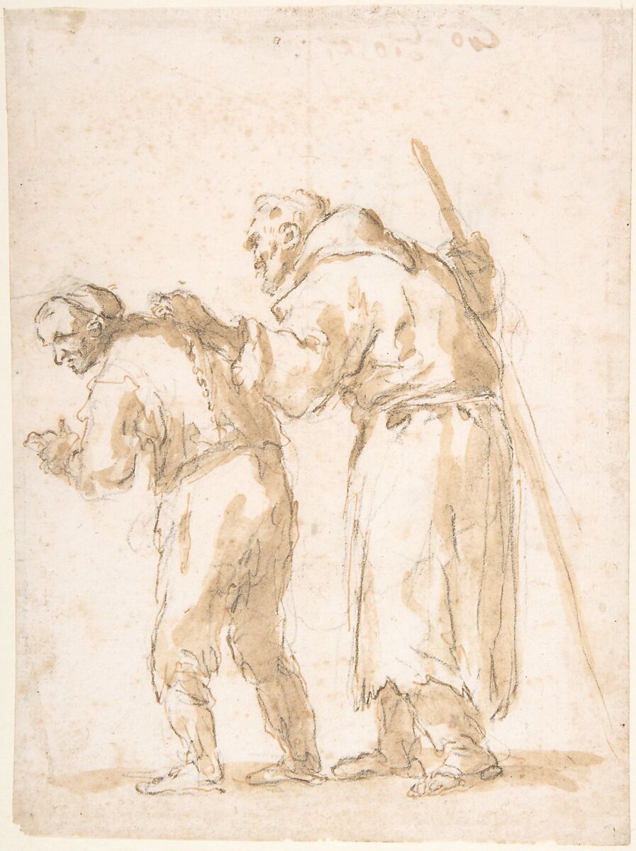 A Man Leading a Blind Friar (recto); Incidental Sketches (not by the artist; verso)., Attributed to Jusepe de Ribera (called Lo Spagnoletto) (Spanish, Játiva 1591–1652 Naples), Pen and brown ink, brush and brown wash, over black chalk (recto); black chalk, graphite, or leadpoint (verso) 