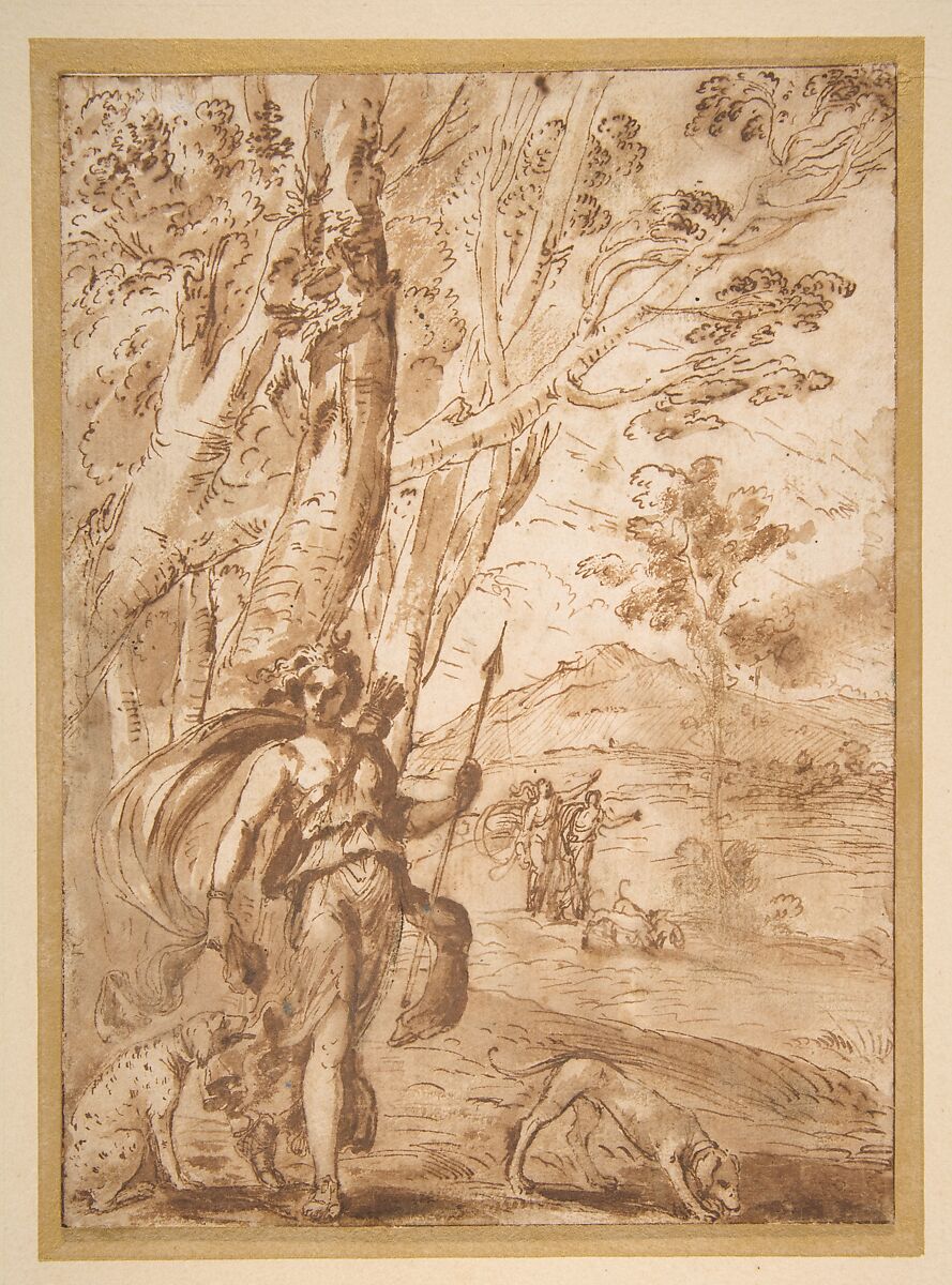 The Goddess Diana with Her Hounds Standing in a Landscape, Agostino Tassi (Italian, Ponzano Romano ca. 1580–1644 Rome), Pen and brown ink, brush and brown wash 