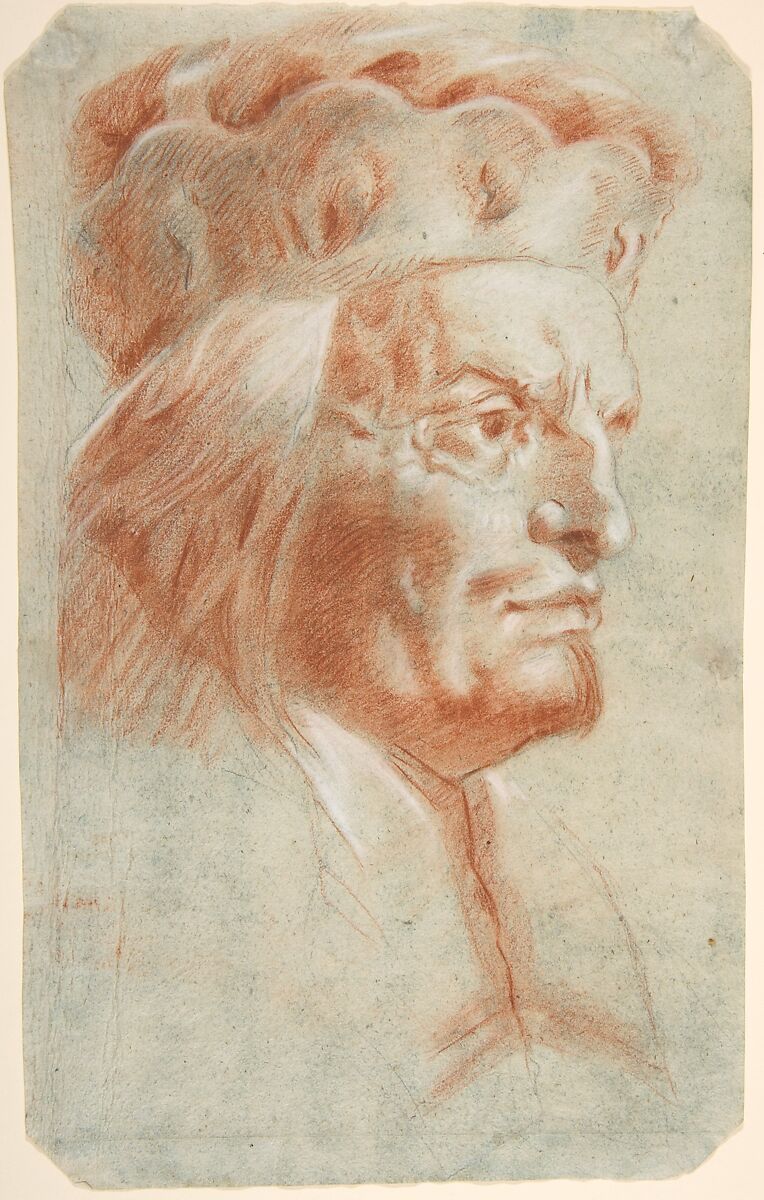 Bust-Length Study of a Man Wearing a Hat in Three-Quarter View (a Frankish Nobleman), Lorenzo Tiepolo (Italian, Venice 1736–1776 Madrid), Red and white chalk, some black chalk, on gray-blue paper 