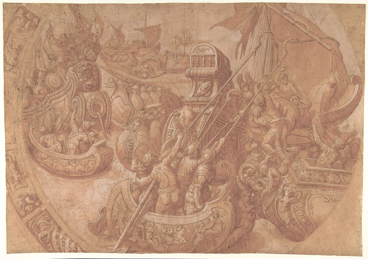 The Sea Battle in the Gulf of Morbihan, Workshop of Taddeo Zuccaro (Italian, Sant&#39;Angelo in Vado 1529–1566 Rome), Brush and red wash, highlighted with white gouache, over black chalk, and some compass construction 