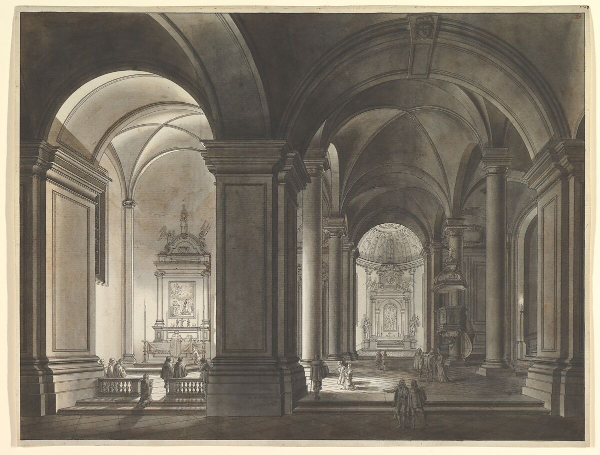 Church Interior, Johann Ludwig Ernst Morgenstern (German, Rudolstadt 1738–1819 Frankfurt am Main), Pen and brown ink, brush and brown and gray wash, over graphite; framing lines in pen and ink 
