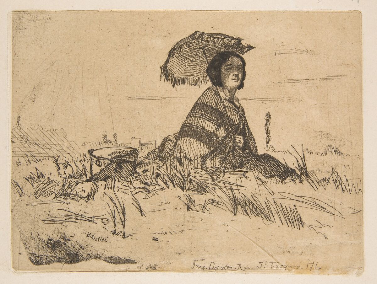 En plein soleil, James McNeill Whistler (American, Lowell, Massachusetts 1834–1903 London), Etching, printed in black ink on buff chine on white wove paper (chine collé); third state of three (Glasgow) 