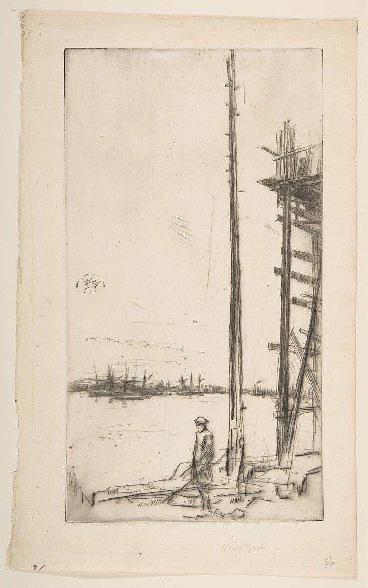 Shipbuilder's Yard, Liverpool, James McNeill Whistler (American, Lowell, Massachusetts 1834–1903 London), Drypoint, printed in black ink on ivory laid paper; first state of four (Glasgow); removed from a book