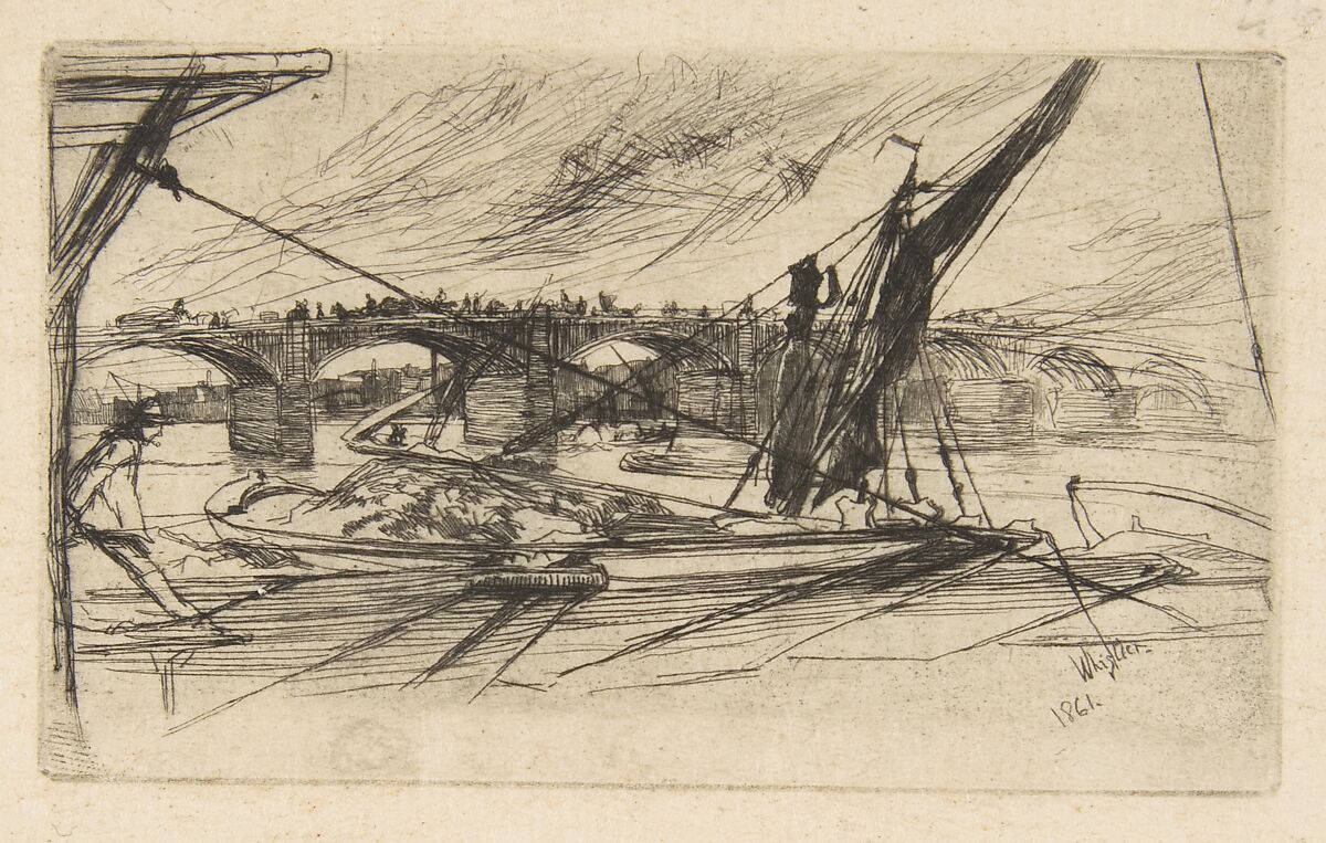 Vauxhall Bridge, James McNeill Whistler (American, Lowell, Massachusetts 1834–1903 London), Etching and drypoint, printed in black ink on fine buff fibrous laid Japan; second state of two (Glasgow) 