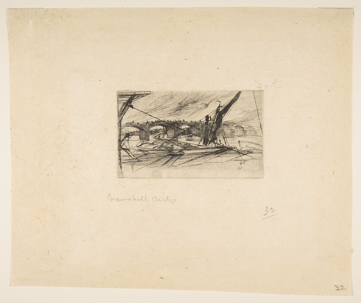 Vauxhall Bridge, James McNeill Whistler (American, Lowell, Massachusetts 1834–1903 London), Etching and drypoint, printed in black ink on fine buff fibrous laid Japan; second state of two (Glasgow)