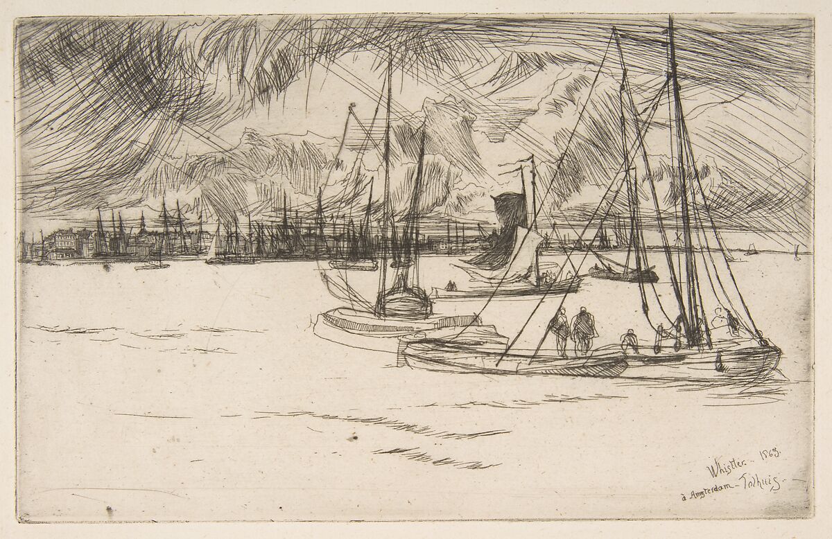 Amsterdam, from the Tolhuis, James McNeill Whistler (American, Lowell, Massachusetts 1834–1903 London), Etching and drypoint, printed in black ink on ivory laid paper; third state of eight (Glasgow) 