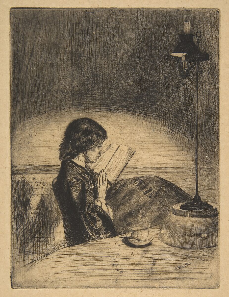 Reading by Lamplight, James McNeill Whistler (American, Lowell, Massachusetts 1834–1903 London), Etching and drypoint, printed in black ink on fine tan fibrous oriental paper; third state of three (Glasgow) 