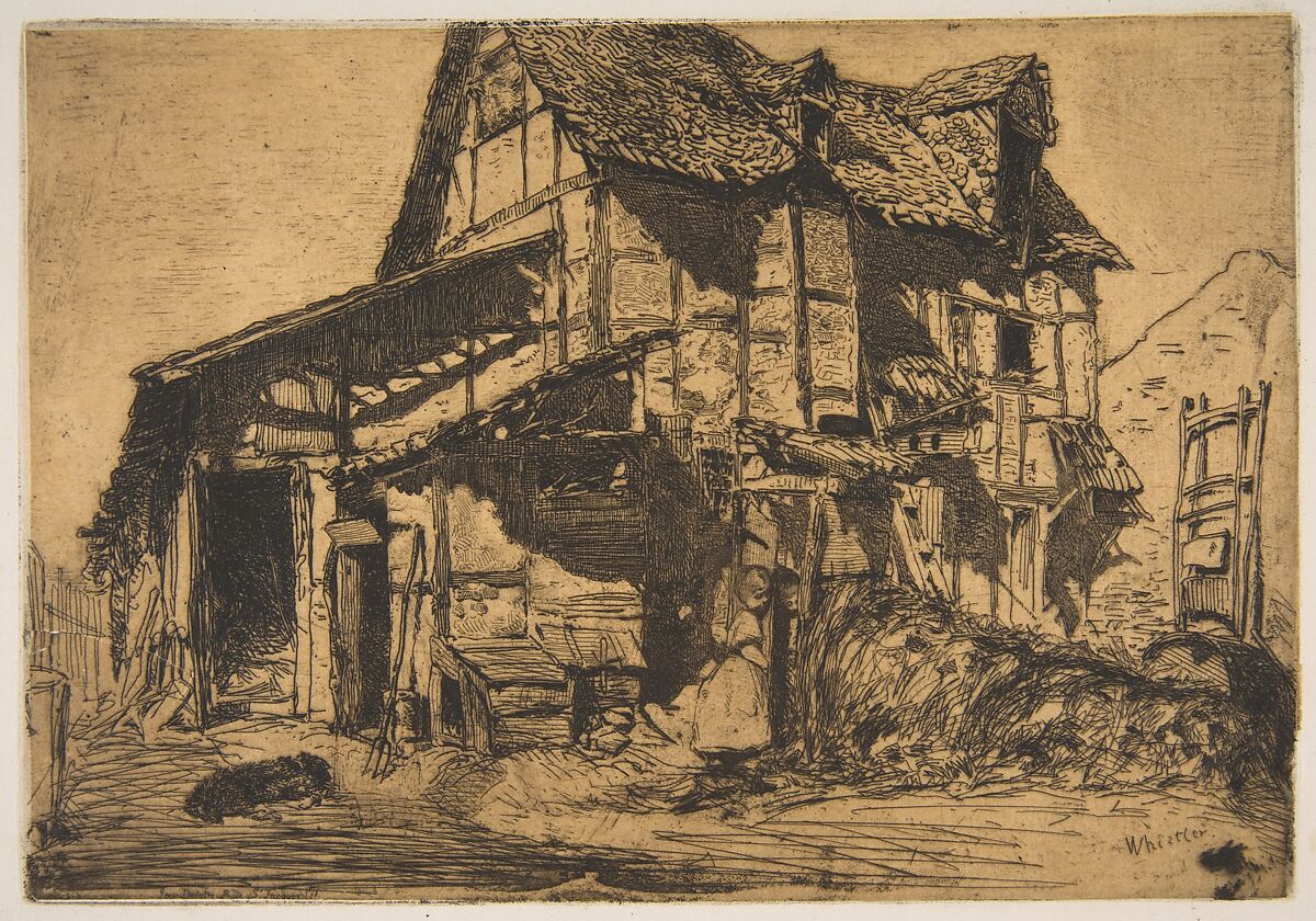 The Unsafe Tenement (The Old Farm), James McNeill Whistler (American, Lowell, Massachusetts 1834–1903 London), Etching, printed in black ink on tan (darkened) chine on white wove paper (chine collé); third state of four (Glasgow) 