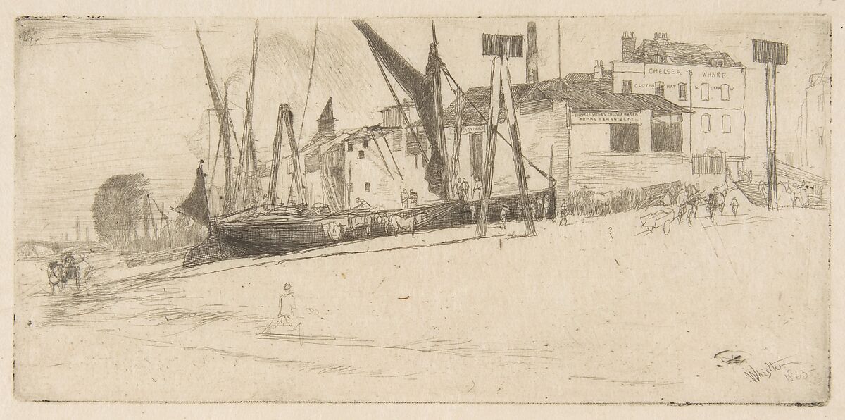 Chelsea Wharf, James McNeill Whistler (American, Lowell, Massachusetts 1834–1903 London), Etching and drypoint, printed in black ink on a brittle fibrous laid Japan; second state of two (Glasgow) 