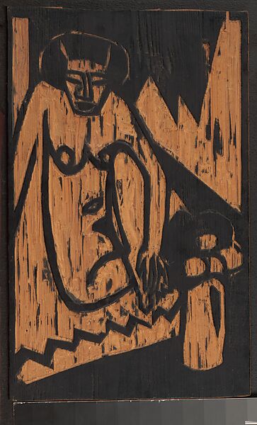 Girl with Vase of Flowers (Mädchen mit Blumenvase), Karl Schmidt-Rottluff (German, 1884–1976), Black ink on carved spruce woodblock 