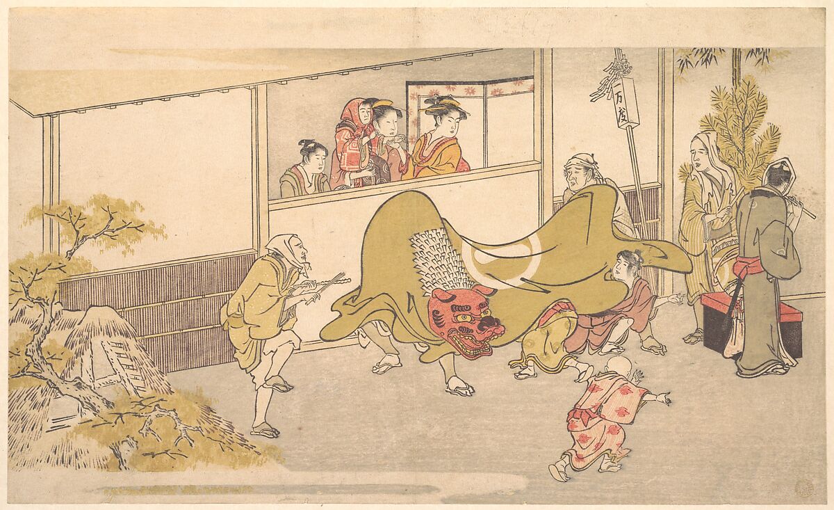 The Lion Dance, Kitagawa Utamaro (Japanese, ca. 1754–1806), Woodblock print; ink and color on paper, Japan 