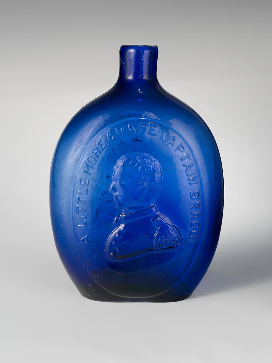 Flask, Dyottville Glass Works (1833–1923), Free-blown molded blue glass, American