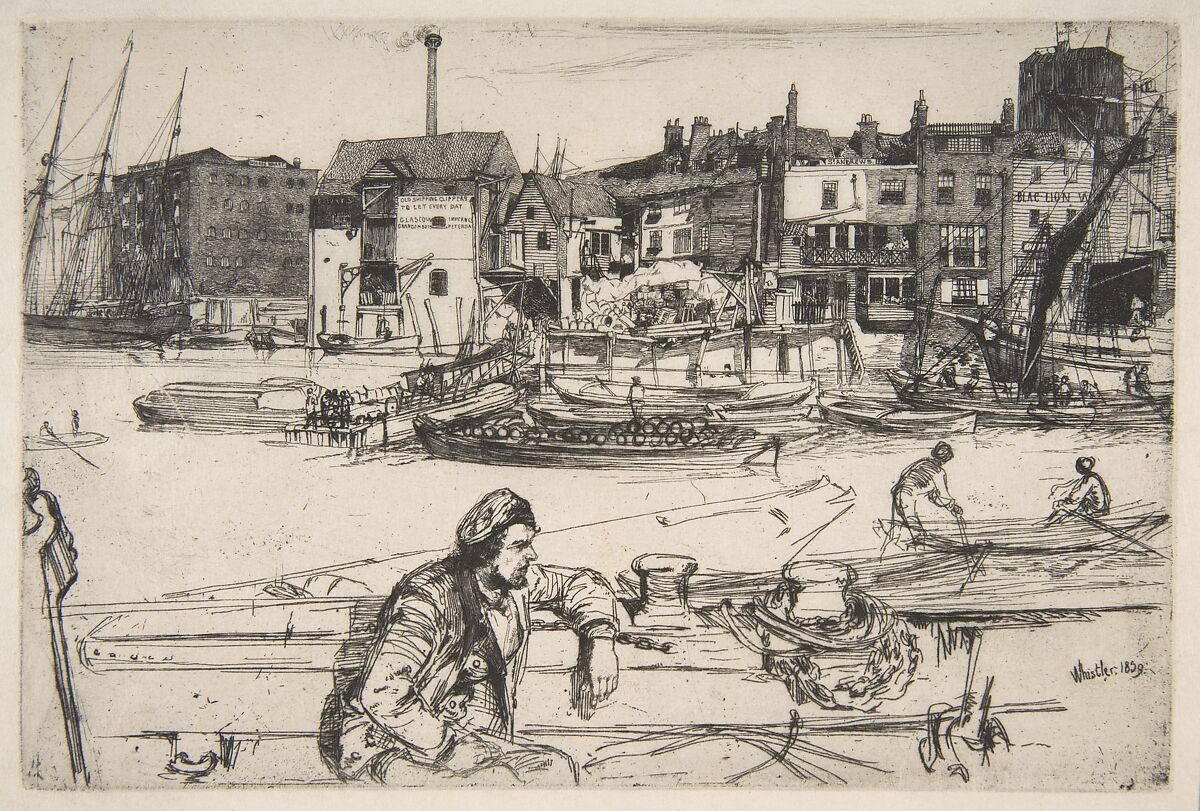 Black Lion Wharf, James McNeill Whistler (American, Lowell, Massachusetts 1834–1903 London), Etching; fourth state of four (Glasgow), printed in black ink on fine off-white laid Japan paper 