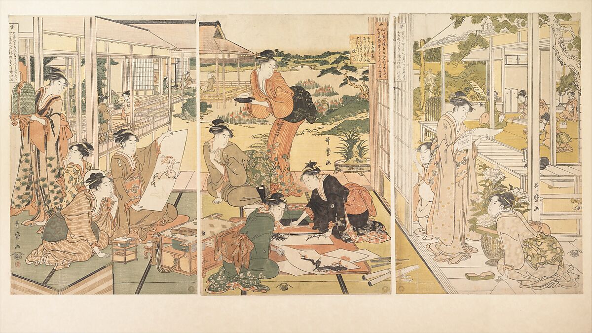The Four Accomplishments (Kinkishoga), Kitagawa Utamaro (Japanese, ca. 1754–1806), Triptych of woodblock prints; ink and color on paper, Japan 