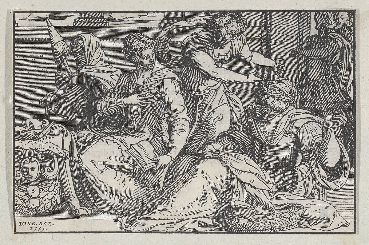 Lucretia instructing her daughters in needlework from Giovanni Ostaus's, La vera perfettione del disegno di varie sorte di recami (Venice, 1557), Giuseppe Salviati (Giuseppe Porta, called Il Salviati) (Italian, Castelnuovo di Garfagnana ca. 1520–ca. 1575 Venice), Woodcut 