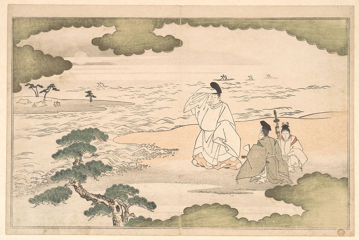 The Exile of Yukihira at Suma, Kitagawa Utamaro (Japanese, ca. 1754–1806), Woodblock print; ink and color on paper, Japan 