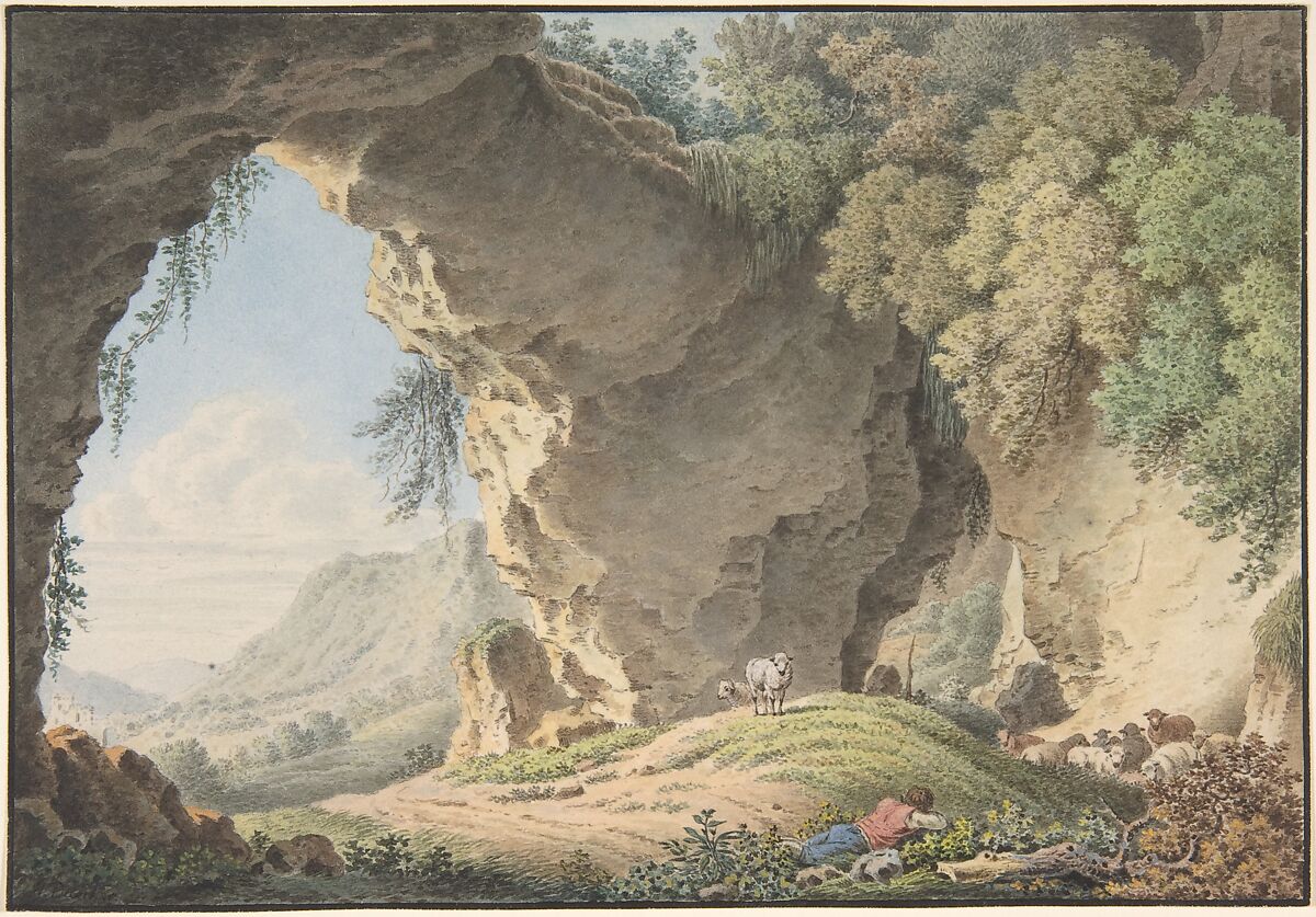 Rocky Landscape with Sleeping Shepherd, Philip Heinrich Dunker (German (born Switzerland), Bern 1780–1836 Nuremberg), Watercolor; framing lines in pen and ink 