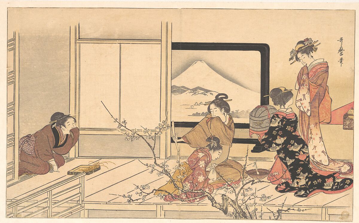 “Preparing Food for the Warbler,” from the album Men’s Stamping Dance (Otoko dōka, uguisu no esa suri), Kitagawa Utamaro (Japanese, ca. 1754–1806), Page from a woodblock printed book; ink and color on paper, Japan 