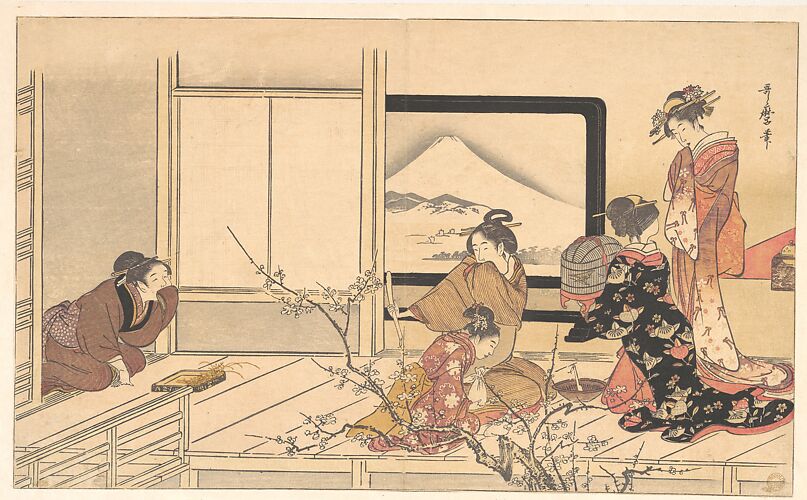 Seiro Niwaka Onna Geisha no Bu Tojin Shishi Sumo. Artist: Kitagawa Utamaro  (Japanese, ca. 1754-1806). Culture: Japan. Dimensions: H. 10 1/16 in. (25.6  cm); W. 15 1/8 in. ( - Album alb3629821