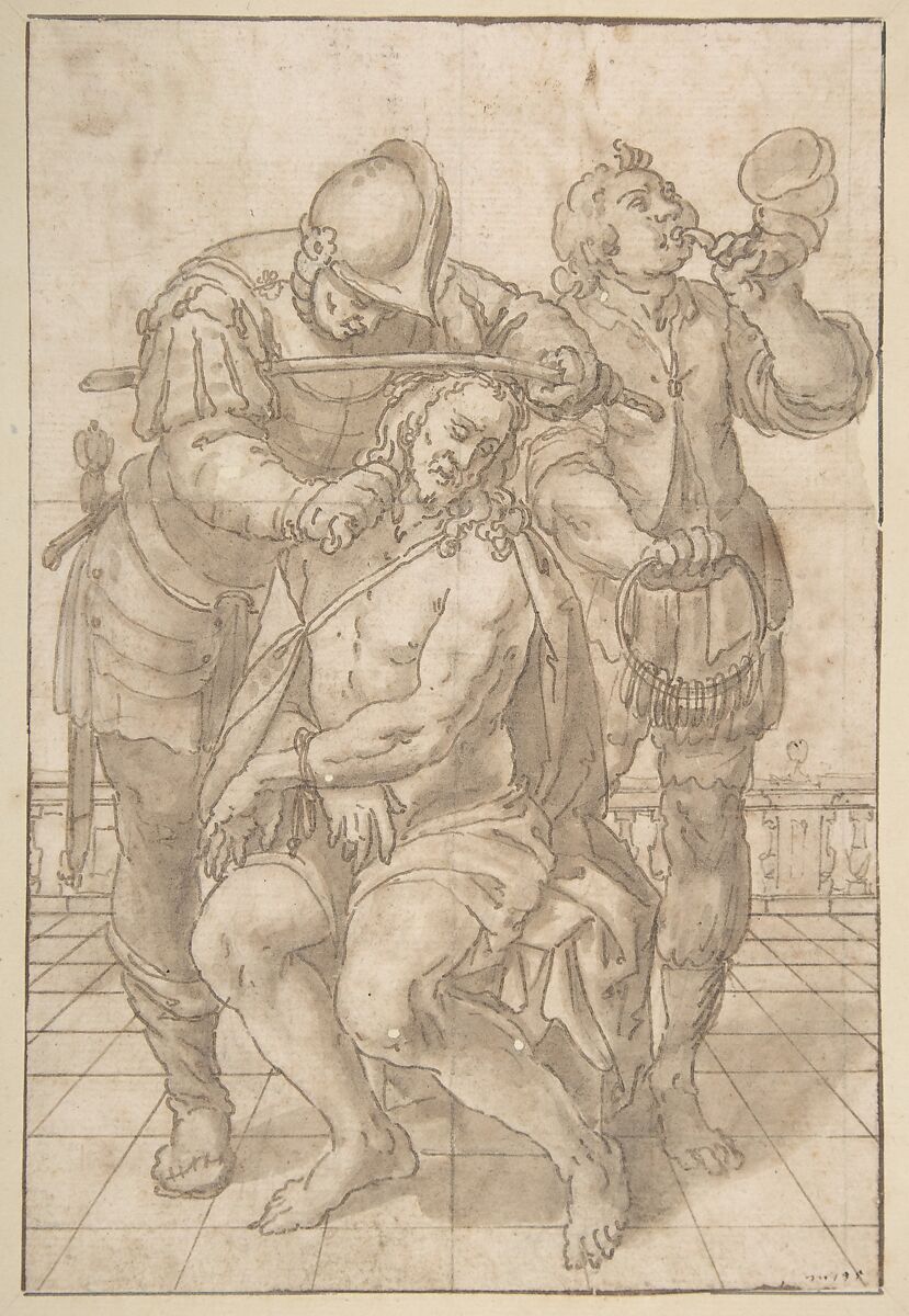 Mocking of Christ, Johann Heintz (Austrian, Zerbst ca. 1580–1635 Graz), Pen and brown ink, brush and brown wash, over graphite. Framing line in pen and brown ink. 