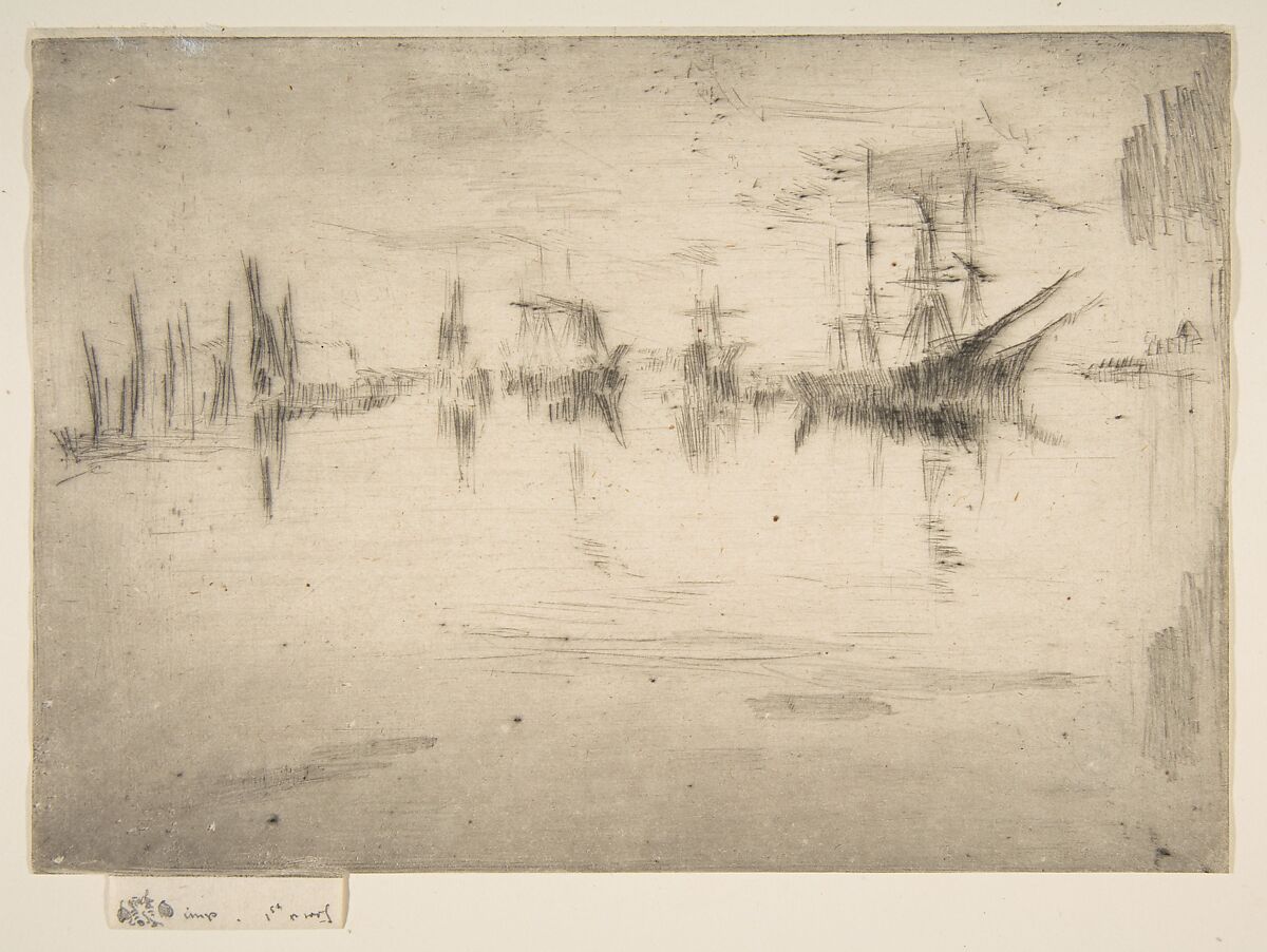 Nocturne: Shipping, James McNeill Whistler (American, Lowell, Massachusetts 1834–1903 London), Drypoint; first state of five (Glasgow); printed in black ink on pale buff laid paper 
