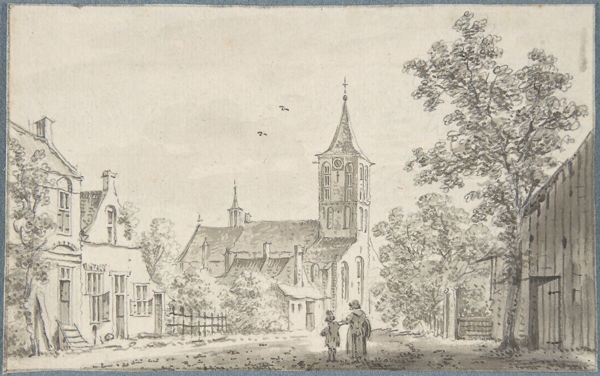Village Street Scene with a Church, Cornelis Ploos van Amstel (Dutch, 1726–1798), Brush and brown wash, over a sketch in graphite 