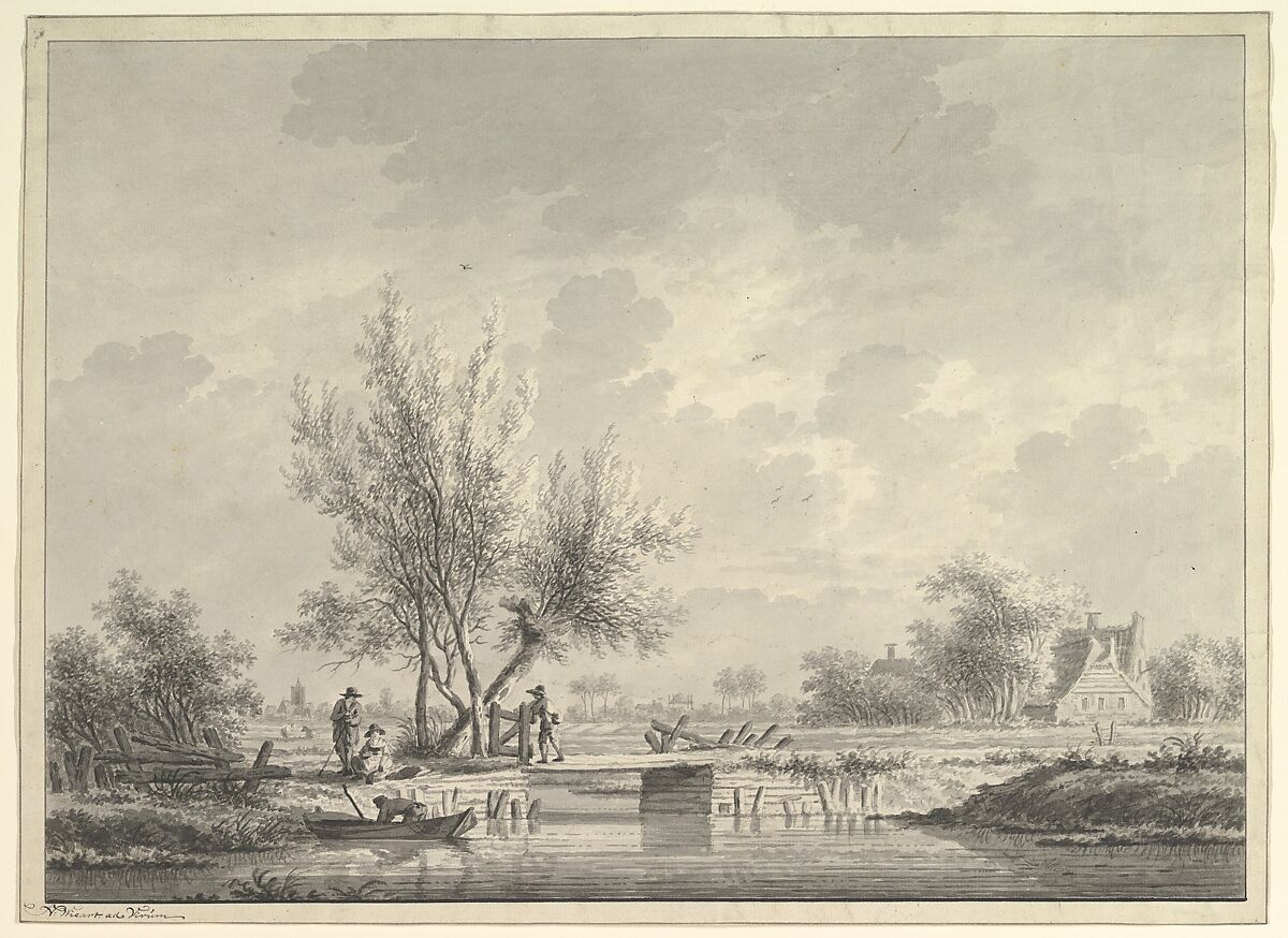 View of a Bridge in the Dutch Countryside with Figures, Nicolaas Wicart (Dutch, 1748–1815), Brush and gray wash, over a sketch in black chalk 