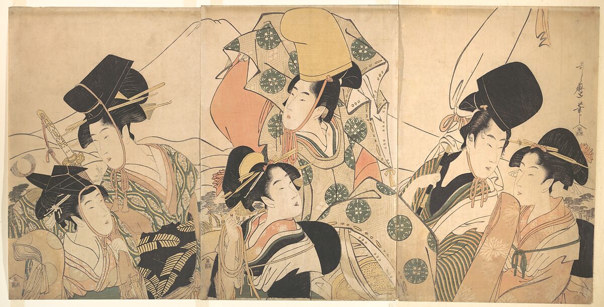 Narihira's Journey to the East, Kitagawa Utamaro (Japanese, ca. 1754–1806), Triptych of woodblock prints; ink and color on paper, Japan 
