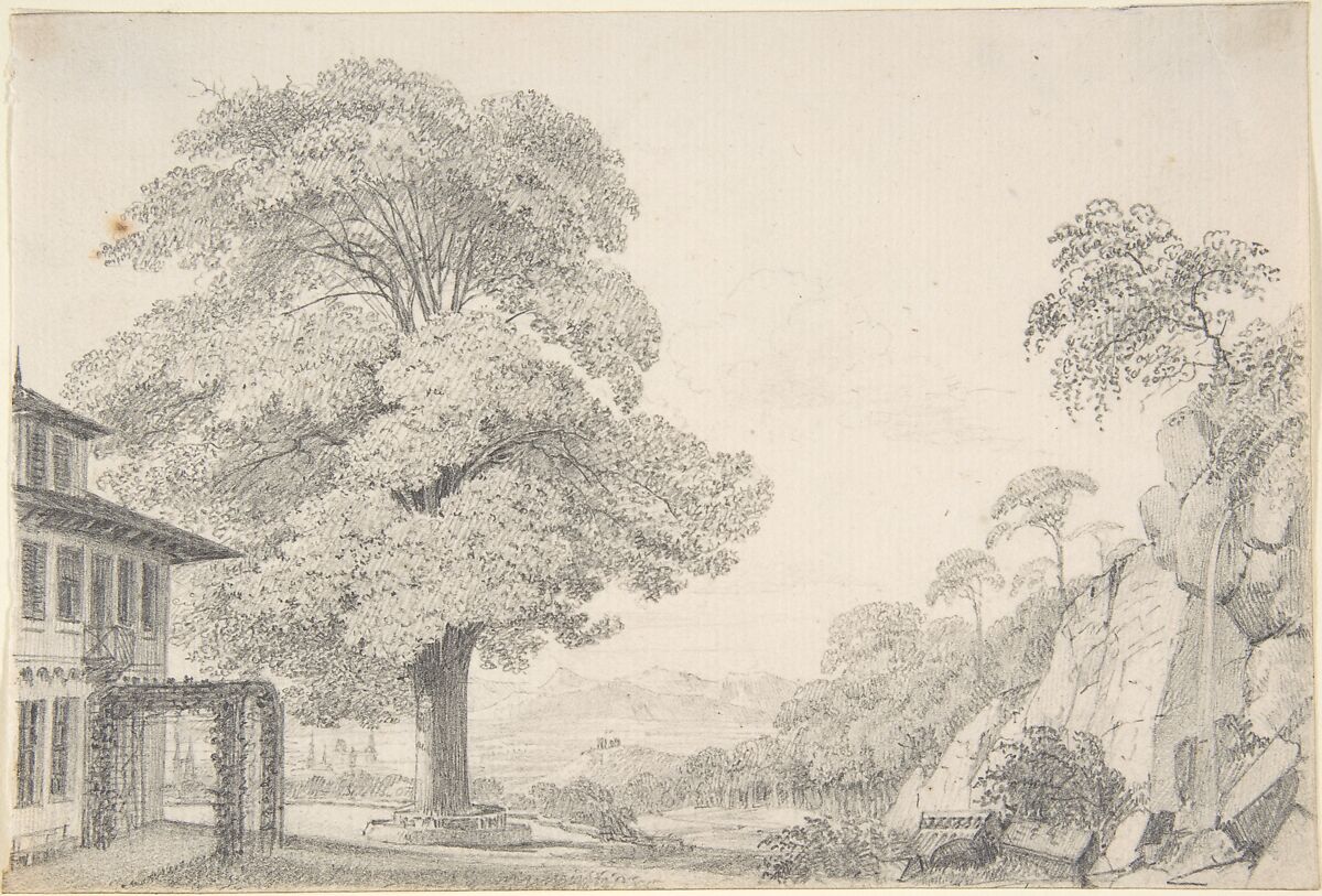 Landscape with a Tree in front of a Villa, Eduard Gaertner (German, Berlin 1801–1877 Zechlin), Graphite 