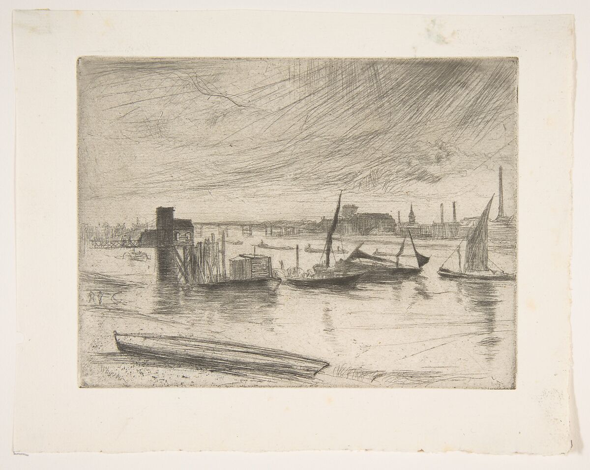 Early Morning, Battersea (Battersea Dawn) (Cadogan Pier), James McNeill Whistler (American, Lowell, Massachusetts 1834–1903 London), Etching and drypoint; second state of two (Glasgow); printed in black ink on ivory laid paper