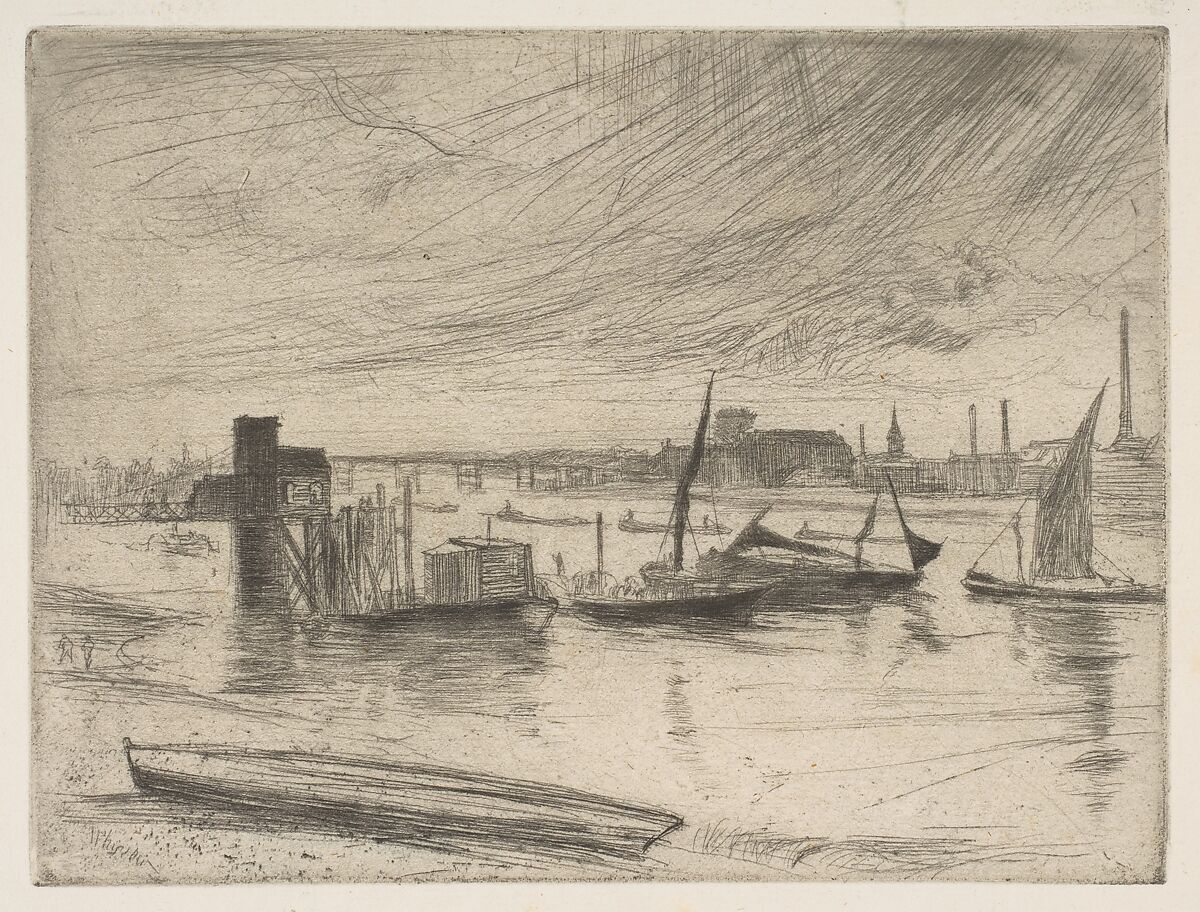 Early Morning, Battersea (Battersea Dawn) (Cadogan Pier), James McNeill Whistler (American, Lowell, Massachusetts 1834–1903 London), Etching and drypoint; second state of two (Glasgow); printed in black ink on ivory laid paper 