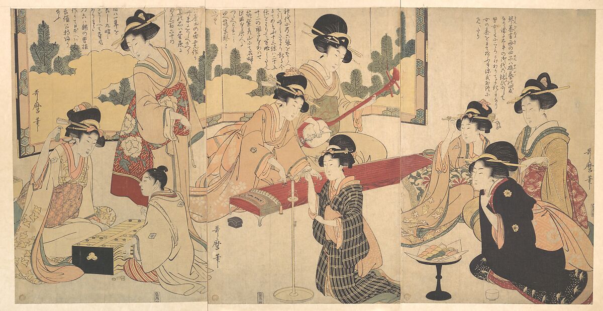 A Merry Evening Party, Kitagawa Utamaro (Japanese, ca. 1754–1806), Triptych of woodblock prints; ink and color on paper, Japan 