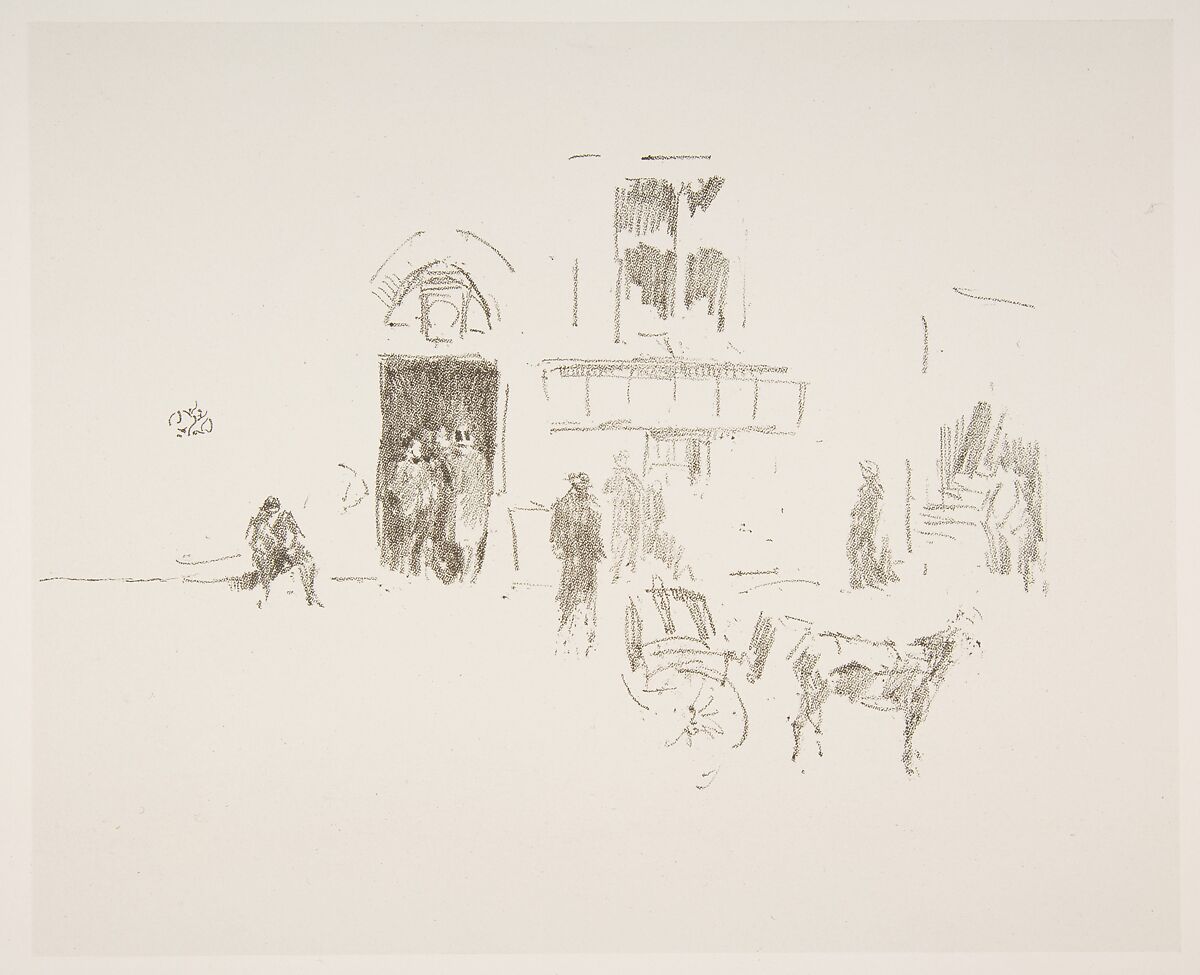 Gaiety Stage Door, James McNeill Whistler (American, Lowell, Massachusetts 1834–1903 London), Transfer lithograph with scraping, printed in black ink on grayish Japanese paper mounted on off-white plate paper; only state (Chicago) 