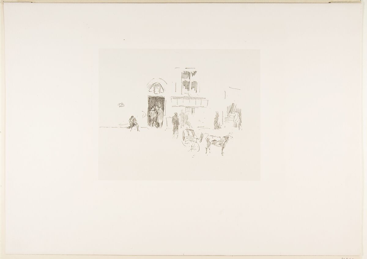 Gaiety Stage Door, James McNeill Whistler (American, Lowell, Massachusetts 1834–1903 London), Transfer lithograph with scraping, printed in black ink on grayish Japanese paper mounted on off-white plate paper; only state (Chicago)