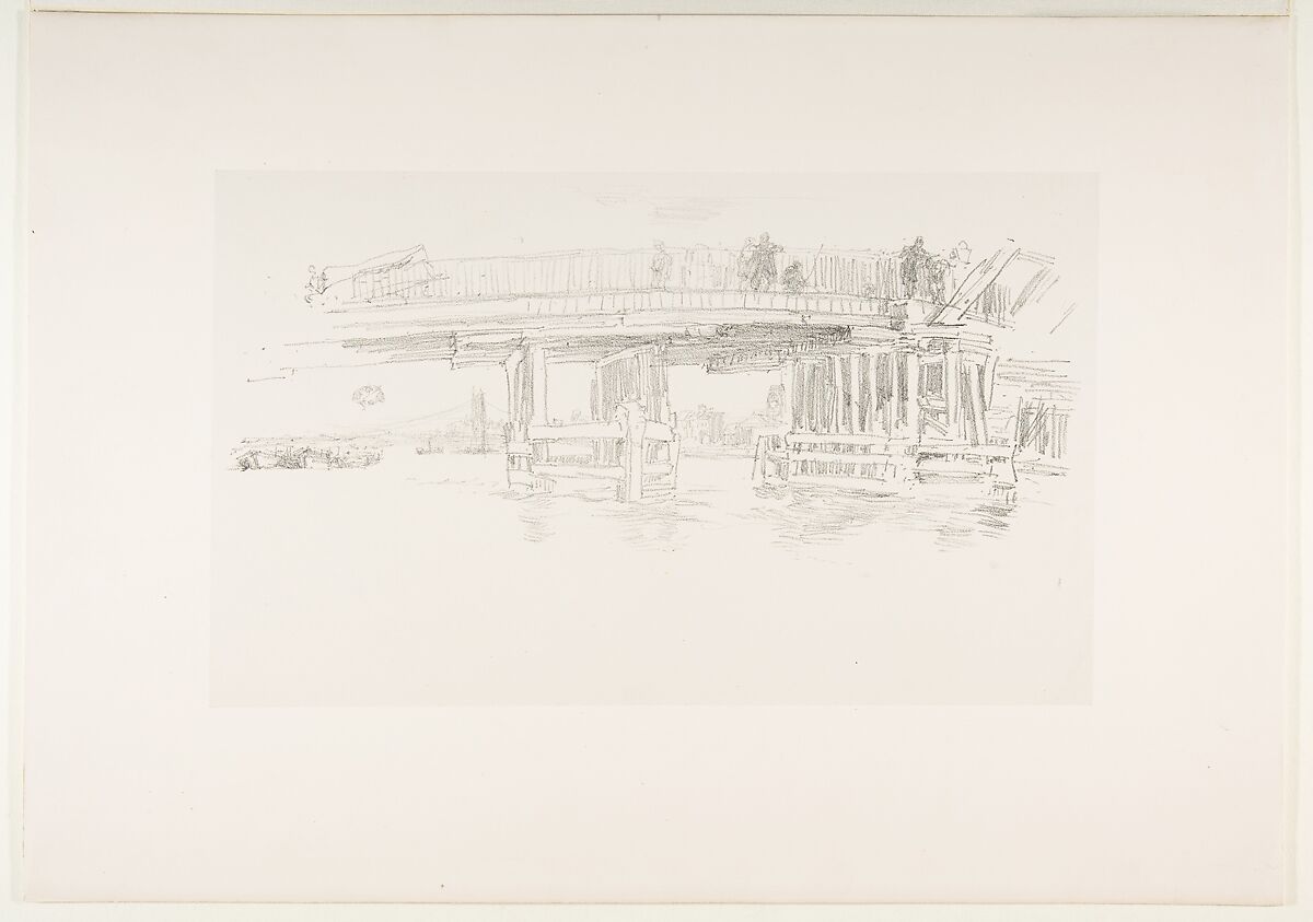 Old Battersea Bridge, James McNeill Whistler (American, Lowell, Massachusetts 1834–1903 London), Lithograph with scraping, printed in black ink on grayish ivory proofing paper mounted on white plate paper; second state of two (Chicago)