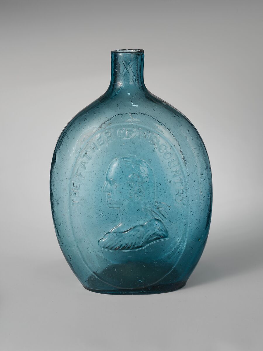 Flask, Dyottville Glass Works (1833–1923), Free-blown molded aquamarine glass, American 