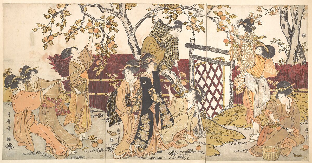 Picking Persimmons (Kaki-mogi), Kitagawa Utamaro (Japanese, ca. 1754–1806), Triptych of woodblock prints; ink and color on paper, Japan 