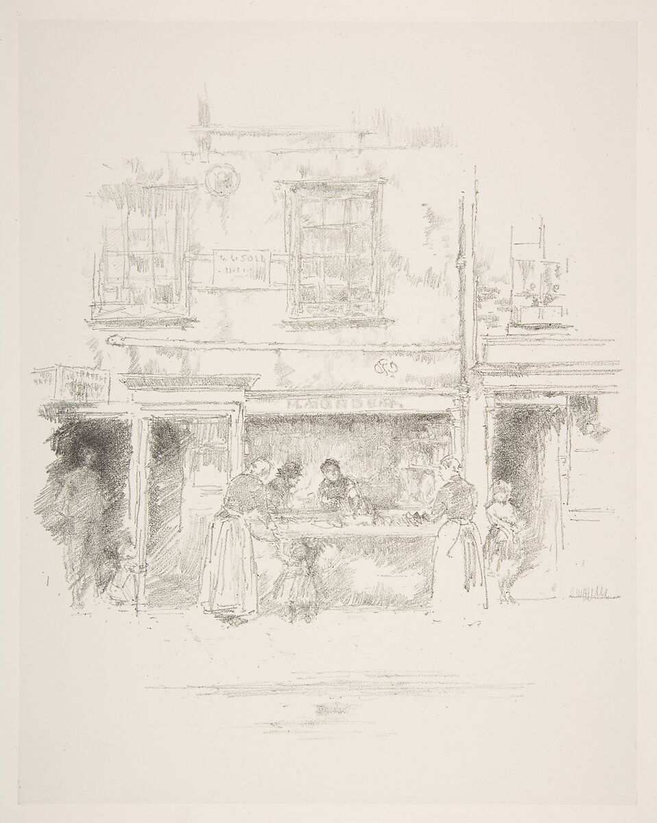 Maunder's Fish Shop, Chelsea, James McNeill Whistler (American, Lowell, Massachusetts 1834–1903 London), Transfer lithograph with scraping, printed in black ink on grayish India paper mounted on off white plate paper; first state of two (Chicago) 