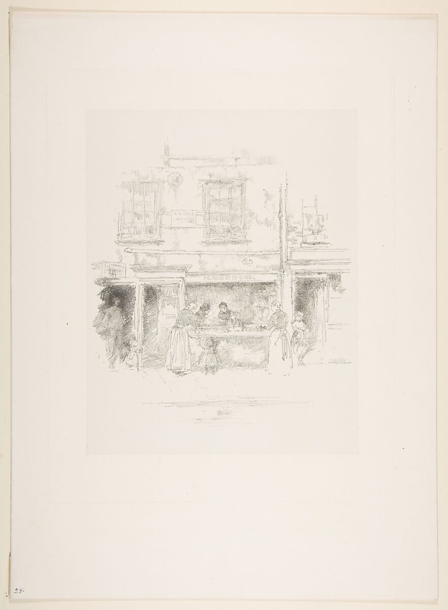 Maunder's Fish Shop, Chelsea, James McNeill Whistler (American, Lowell, Massachusetts 1834–1903 London), Transfer lithograph with scraping, printed in black ink on grayish India paper mounted on off white plate paper; first state of two (Chicago)