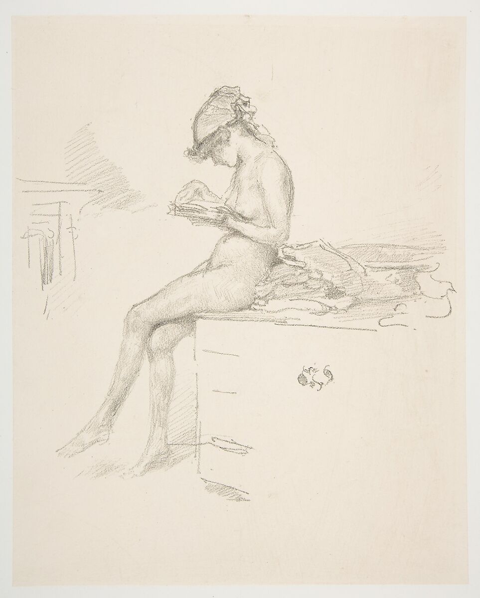 Little Nude Model, Reading, James McNeill Whistler (American, Lowell, Massachusetts 1834–1903 London), Transfer lithograph, printed on tan chine mounted on white wove; only state (Chicago) 