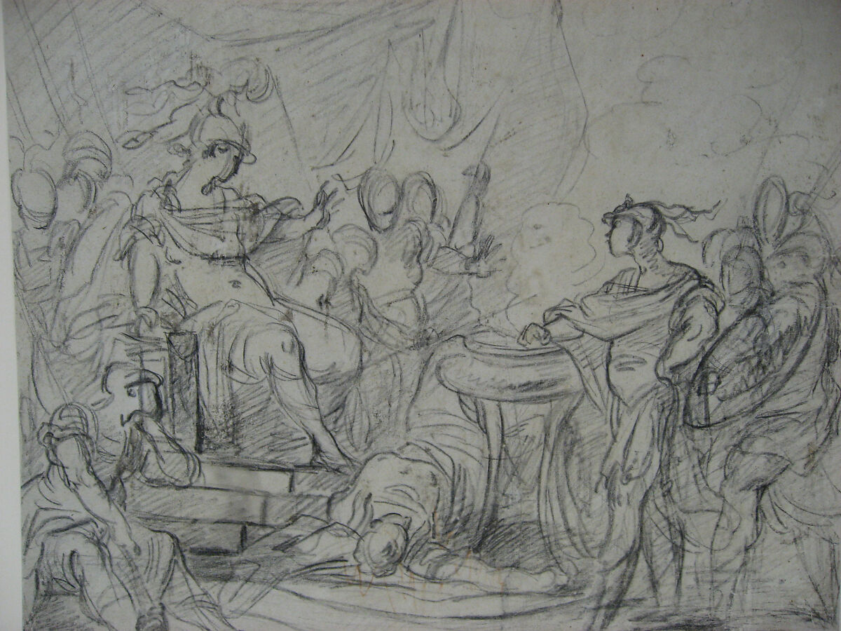 Mucius Scaevola Before King Porsenna, circle of François Boucher (French, Paris 1703–1770 Paris), Black chalk, with touches of red chalk on off-white antique laid paper