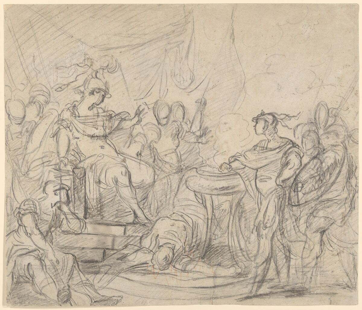 Mucius Scaevola Before King Porsenna, circle of François Boucher (French, Paris 1703–1770 Paris), Black chalk, with touches of red chalk on off-white antique laid paper 