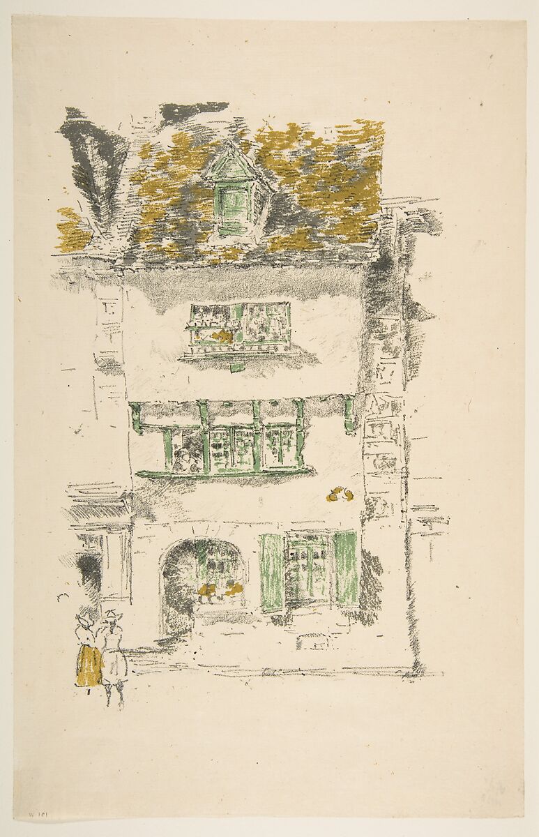 Yellow House, Lannion, James McNeill Whistler (American, Lowell, Massachusetts 1834–1903 London), Transfer lithograph with scraping; first state of three (Chicago);
printed in black, green, gray and yellow on fine cream colored laid Japan 